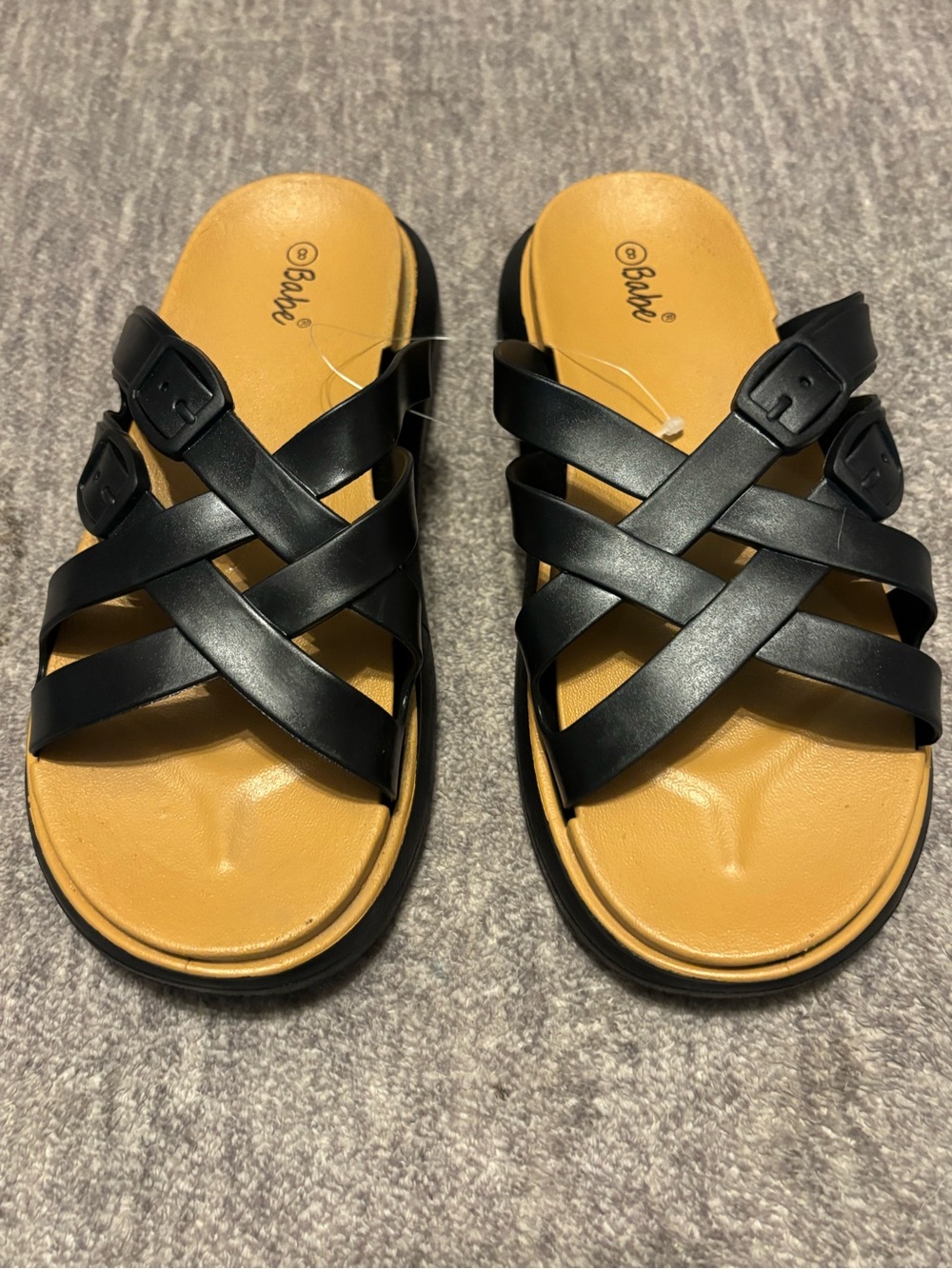 Babe Black Strappy Slide Sandals with Tan Footbed New Size 8